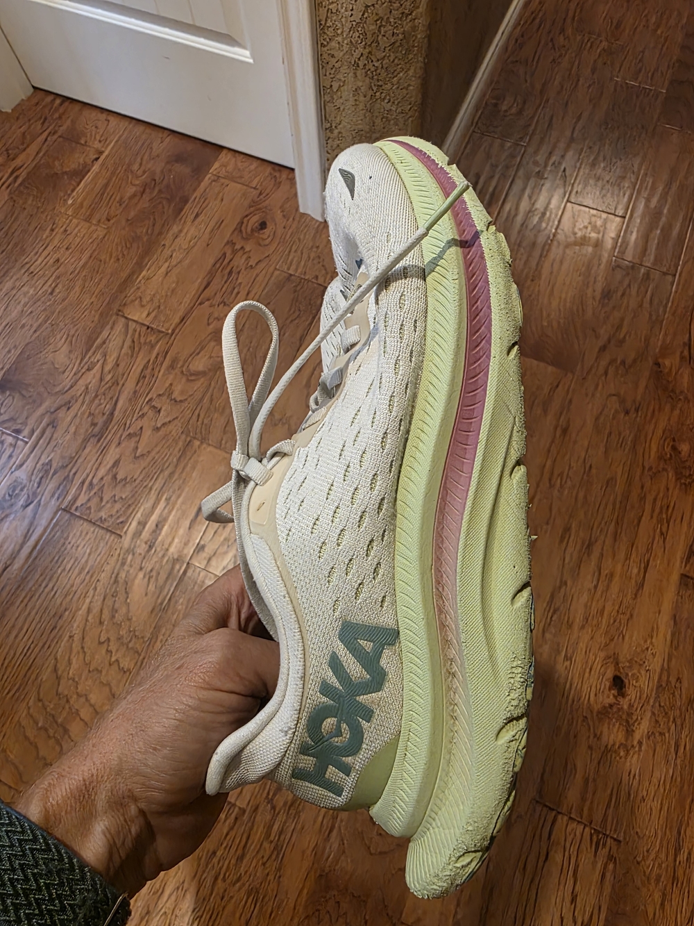 Hoka Women's Cream Running Shoe with Mint Logo and Pink Midsole Stripe